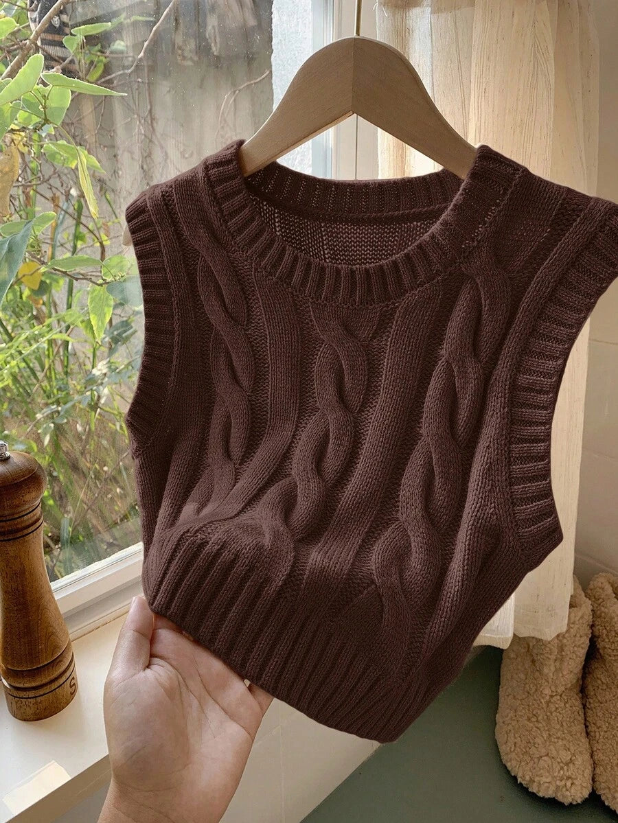 Women's Cropped Cable Knit Sweater Vest, Sleeveless Layering Top for Fall - Coffee Brown