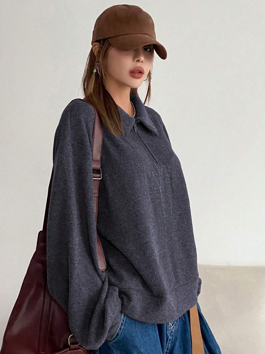 Sylvie Drop Shoulder Half Zip Long Sleeve Sweatshirt - Blue