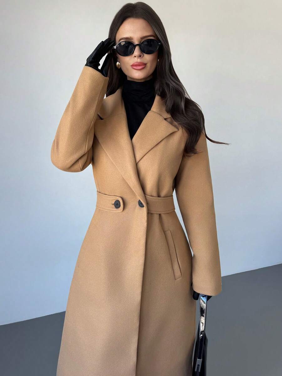 Celia Double Breasted Belted Long Coat with Notched Lapels - Camel