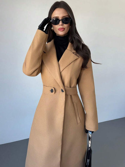 Celia Double Breasted Belted Long Coat with Notched Lapels - Camel