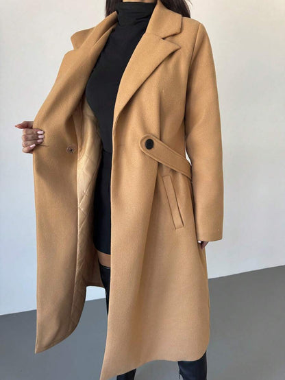 Celia Double Breasted Belted Long Coat with Notched Lapels - Camel