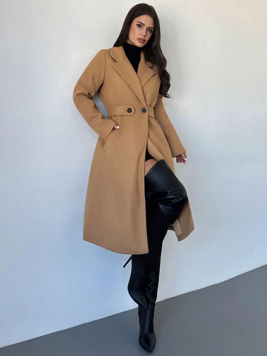 Celia Double Breasted Belted Long Coat with Notched Lapels - Camel