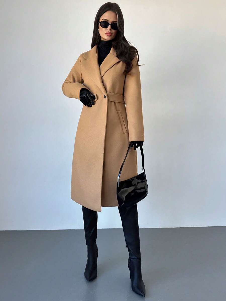 Celia Double Breasted Belted Long Coat with Notched Lapels - Camel