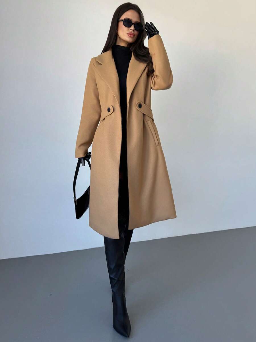 Celia Double Breasted Belted Long Coat with Notched Lapels - Camel