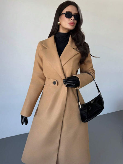 Celia Double Breasted Belted Long Coat with Notched Lapels - Camel