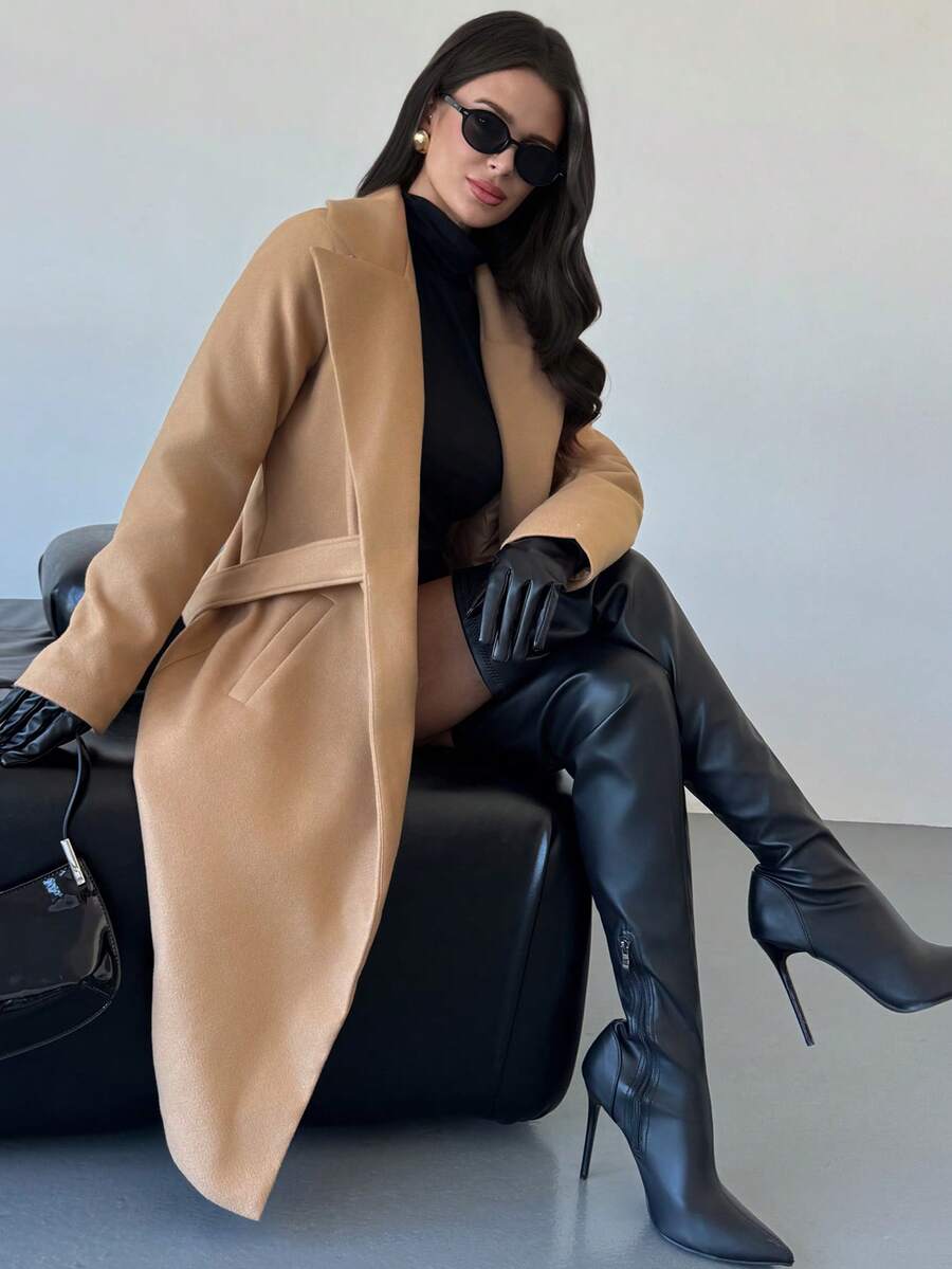Celia Double Breasted Belted Long Coat with Notched Lapels - Camel