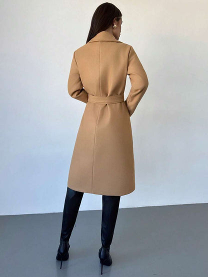 Celia Double Breasted Belted Long Coat with Notched Lapels - Camel