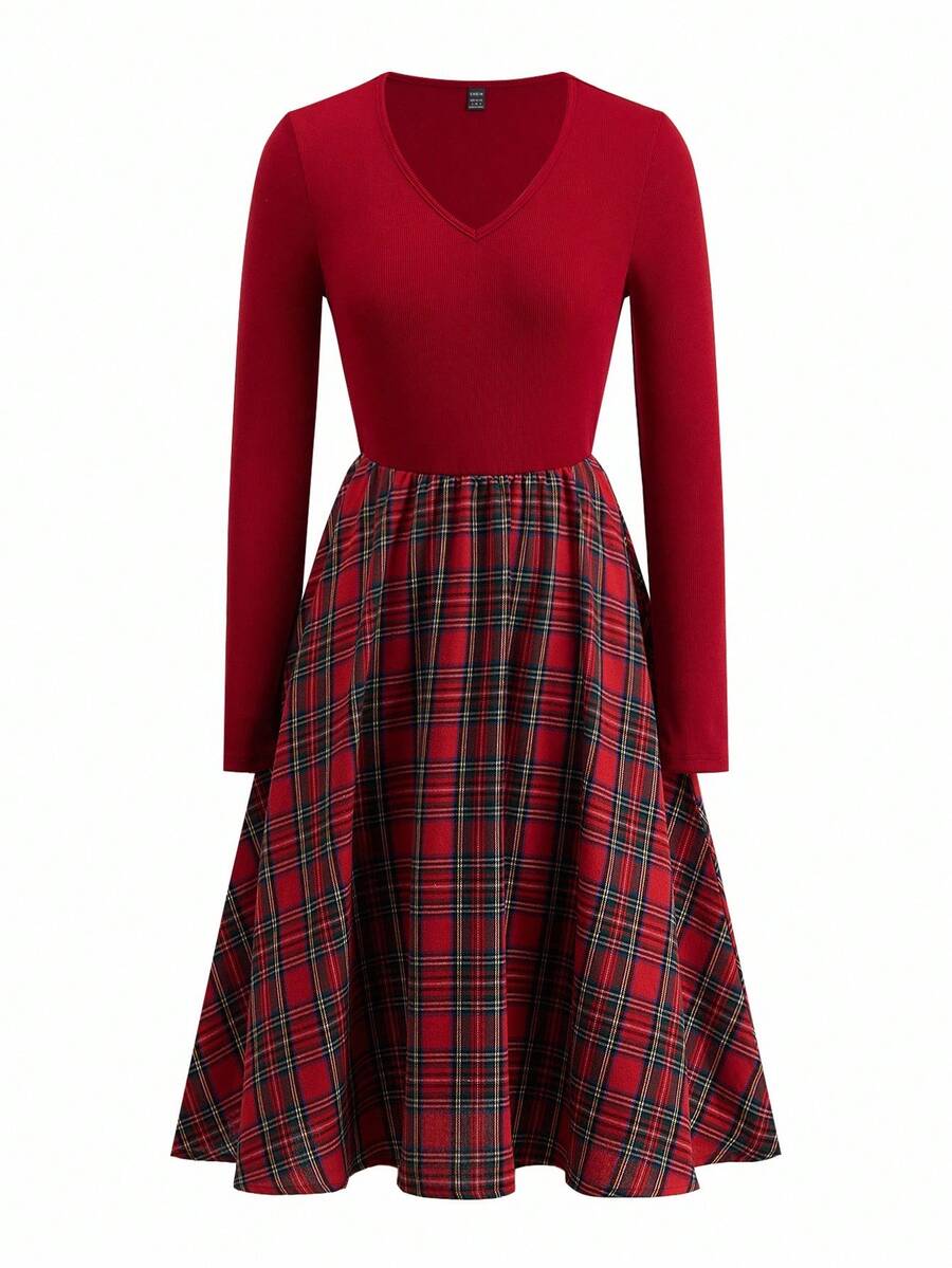 Nuremberg Plaid A Line Midi Dress with V Neck