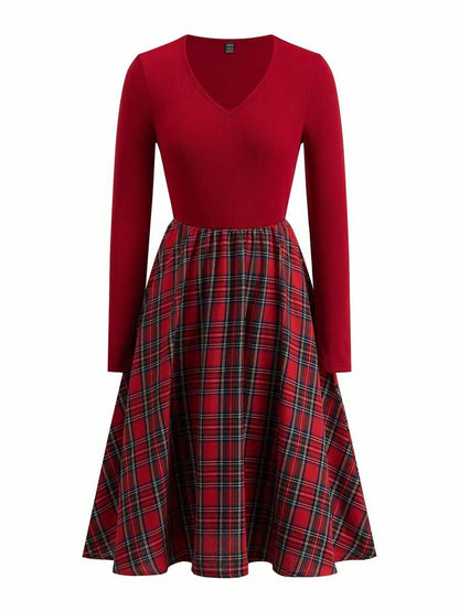 Nuremberg Plaid A Line Midi Dress with V Neck