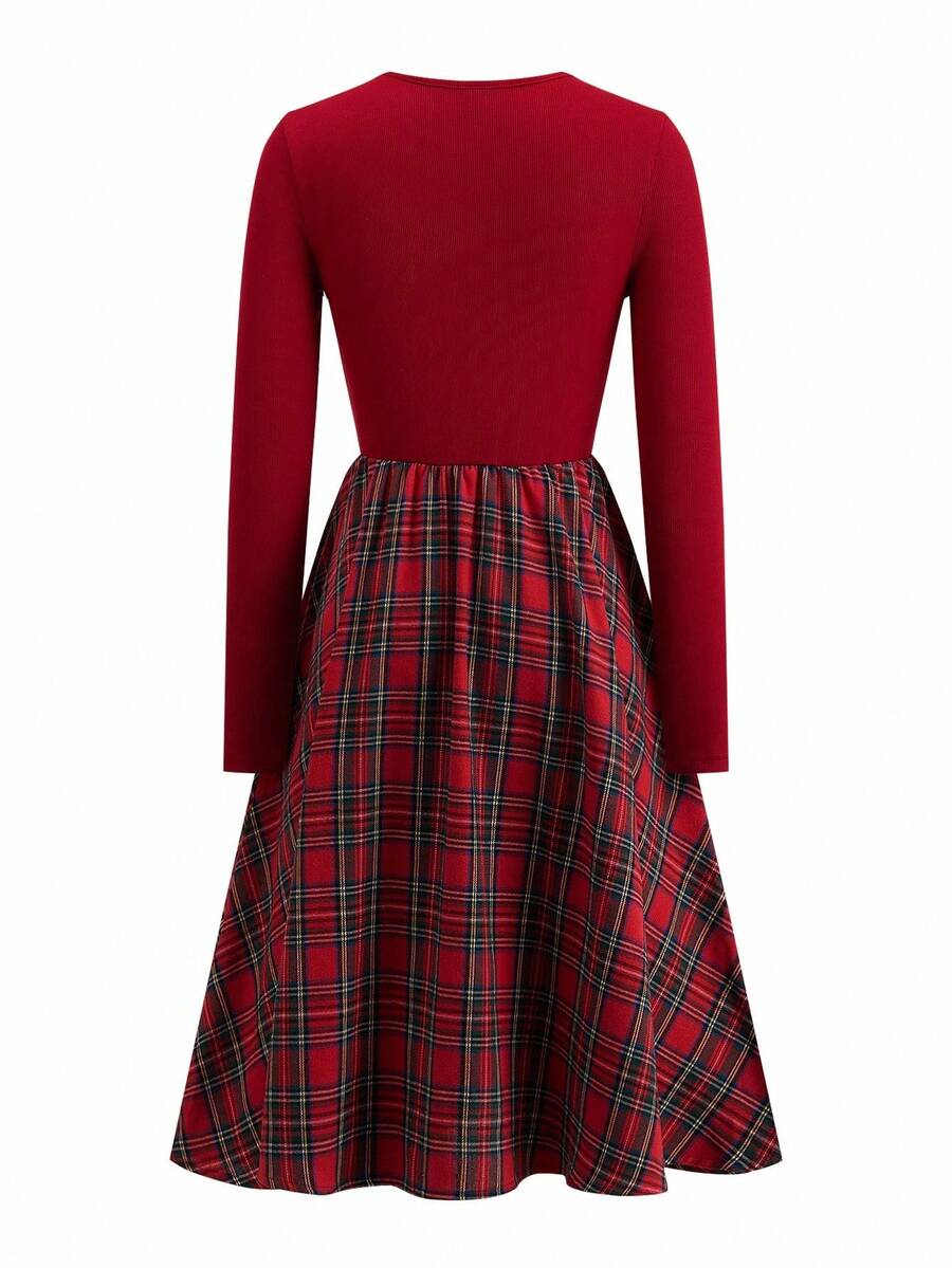 Nuremberg Plaid A Line Midi Dress with V Neck