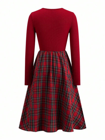 Nuremberg Plaid A Line Midi Dress with V Neck