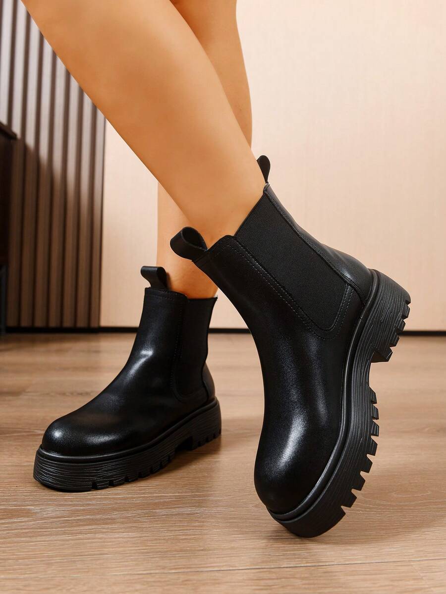 Women's Thick Sole Thermal Lined Boots, Fashionable & Versatile Black Patent Faux Leather Chelsea Ankle Boots, Black Utility Boots For Spring, Autumn & Winter. Suitable For Daily Wear, Parties, Weddings, Paired With Jeans, Dresses, Skirts, Leather, Sweate Mensa