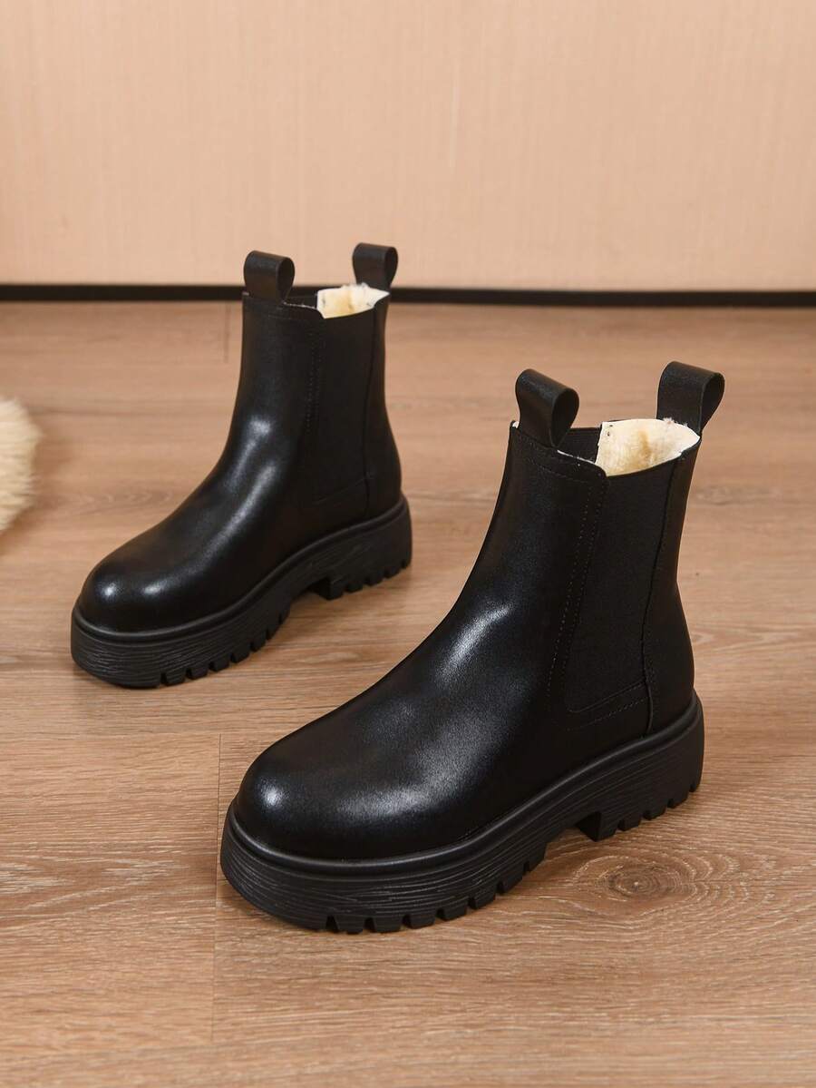 Women's Thick Sole Thermal Lined Boots, Fashionable & Versatile Black Patent Faux Leather Chelsea Ankle Boots, Black Utility Boots For Spring, Autumn & Winter. Suitable For Daily Wear, Parties, Weddings, Paired With Jeans, Dresses, Skirts, Leather, Sweate Mensa