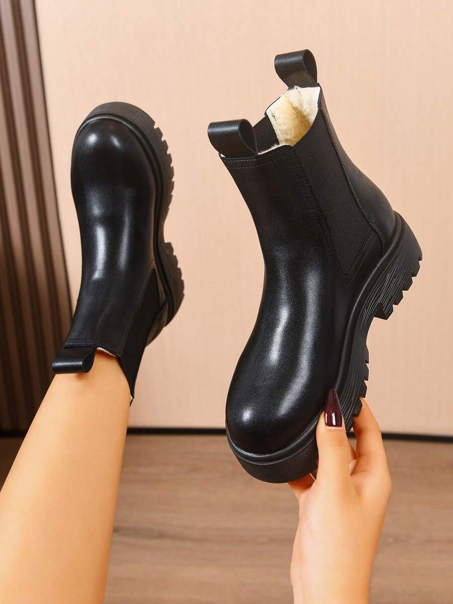 Women's Thick Sole Thermal Lined Boots, Fashionable & Versatile Black Patent Faux Leather Chelsea Ankle Boots, Black Utility Boots For Spring, Autumn & Winter. Suitable For Daily Wear, Parties, Weddings, Paired With Jeans, Dresses, Skirts, Leather, Sweate Mensa