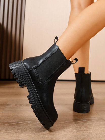 Women's Thick Sole Thermal Lined Boots, Fashionable & Versatile Black Patent Faux Leather Chelsea Ankle Boots, Black Utility Boots For Spring, Autumn & Winter. Suitable For Daily Wear, Parties, Weddings, Paired With Jeans, Dresses, Skirts, Leather, Sweate Mensa