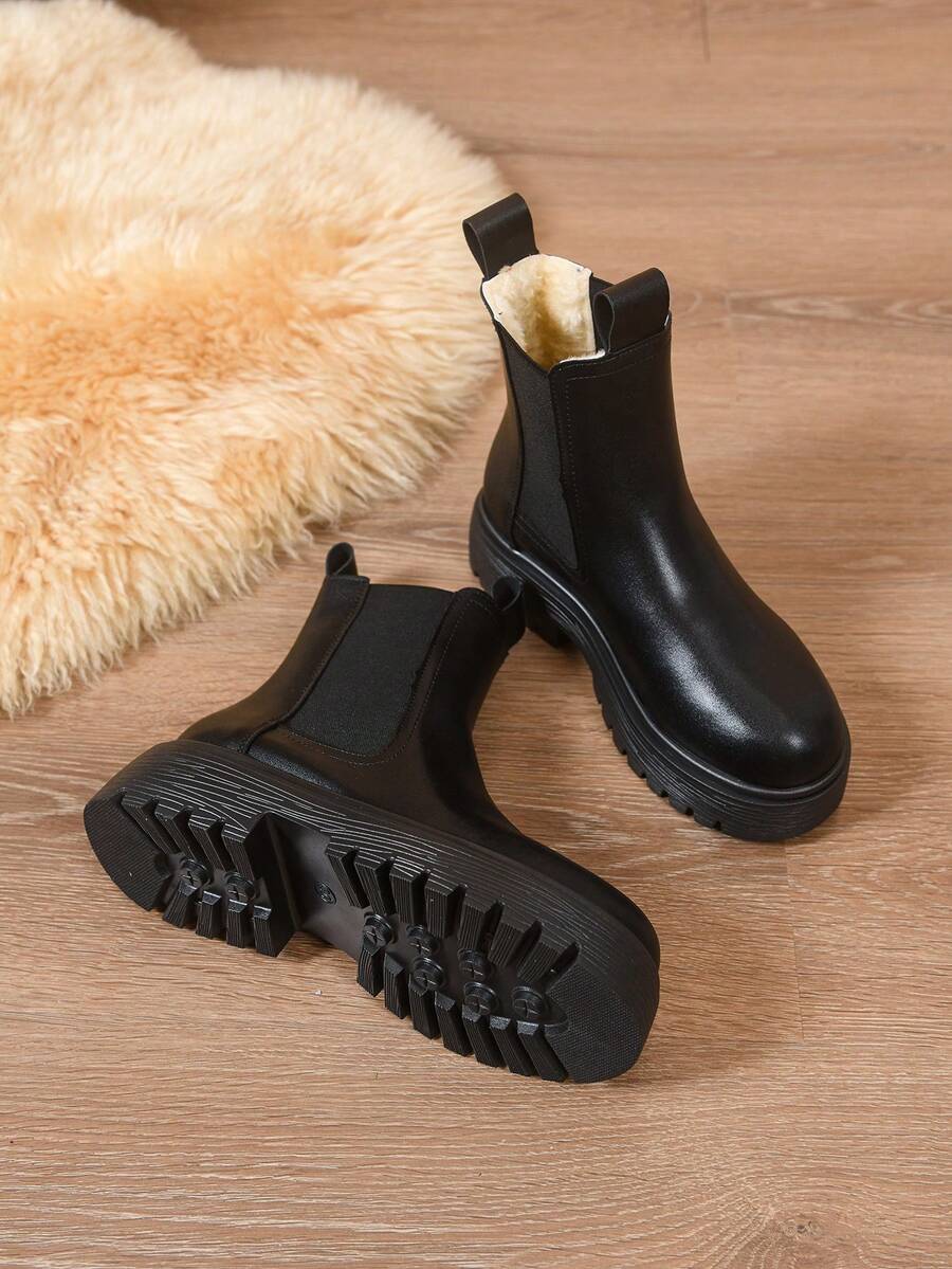 Women's Thick Sole Thermal Lined Boots, Fashionable & Versatile Black Patent Faux Leather Chelsea Ankle Boots, Black Utility Boots For Spring, Autumn & Winter. Suitable For Daily Wear, Parties, Weddings, Paired With Jeans, Dresses, Skirts, Leather, Sweate Mensa