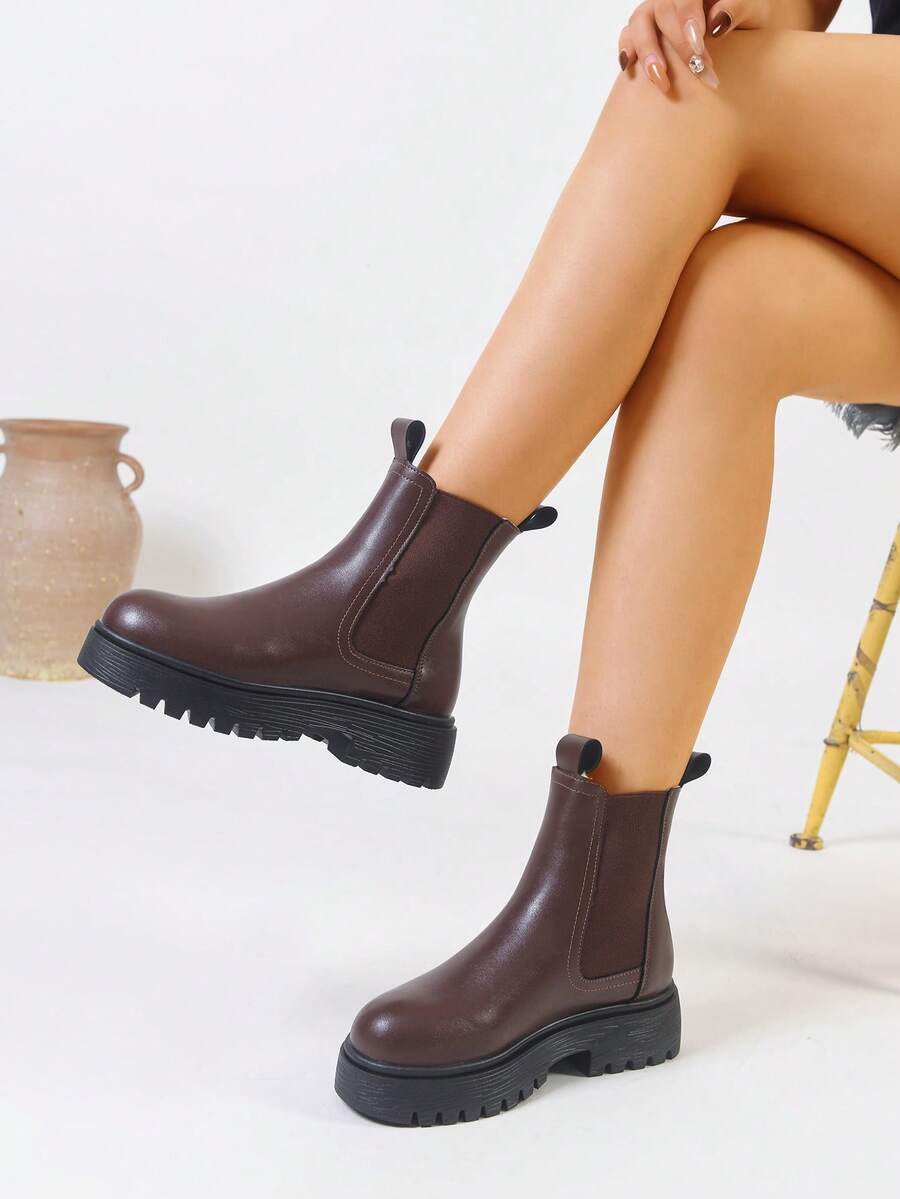 Women's Thick Sole Thermal Lined Boots, Fashionable & Versatile Black Patent Faux Leather Chelsea Ankle Boots, Black Utility Boots For Spring, Autumn & Winter. Suitable For Daily Wear, Parties, Weddings, Paired With Jeans, Dresses, Skirts, Leather, Sweate Mensa