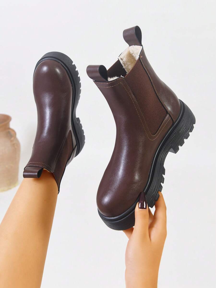 Women's Thick Sole Thermal Lined Boots, Fashionable & Versatile Black Patent Faux Leather Chelsea Ankle Boots, Black Utility Boots For Spring, Autumn & Winter. Suitable For Daily Wear, Parties, Weddings, Paired With Jeans, Dresses, Skirts, Leather, Sweate Mensa