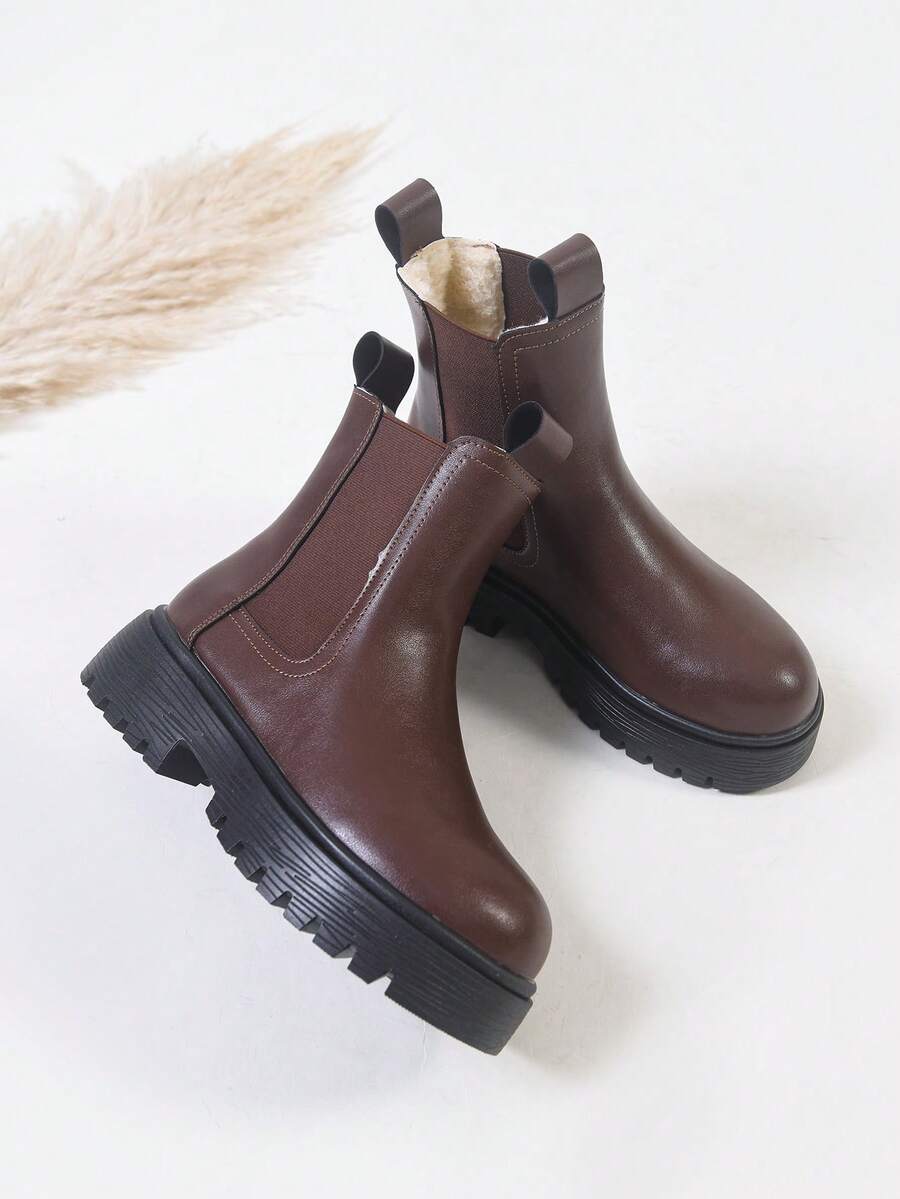 Women's Thick Sole Thermal Lined Boots, Fashionable & Versatile Black Patent Faux Leather Chelsea Ankle Boots, Black Utility Boots For Spring, Autumn & Winter. Suitable For Daily Wear, Parties, Weddings, Paired With Jeans, Dresses, Skirts, Leather, Sweate Mensa