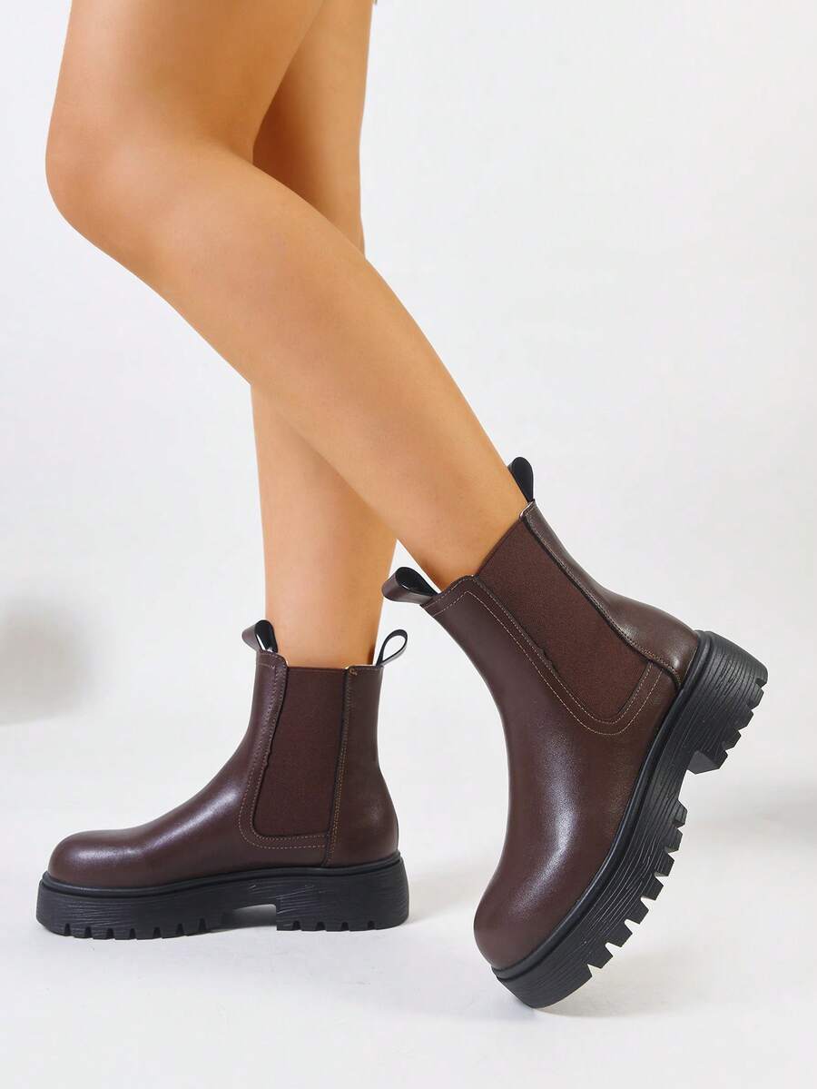 Women's Thick Sole Thermal Lined Boots, Fashionable & Versatile Black Patent Faux Leather Chelsea Ankle Boots, Black Utility Boots For Spring, Autumn & Winter. Suitable For Daily Wear, Parties, Weddings, Paired With Jeans, Dresses, Skirts, Leather, Sweate Mensa