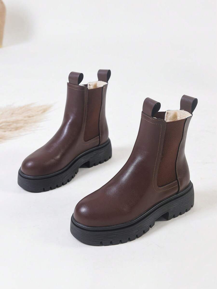 Women's Thick Sole Thermal Lined Boots, Fashionable & Versatile Black Patent Faux Leather Chelsea Ankle Boots, Black Utility Boots For Spring, Autumn & Winter. Suitable For Daily Wear, Parties, Weddings, Paired With Jeans, Dresses, Skirts, Leather, Sweate Mensa