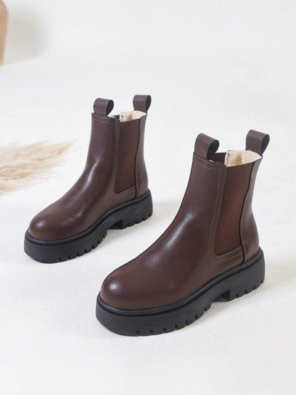 Women's Thick Sole Thermal Lined Boots, Fashionable & Versatile Black Patent Faux Leather Chelsea Ankle Boots, Black Utility Boots For Spring, Autumn & Winter. Suitable For Daily Wear, Parties, Weddings, Paired With Jeans, Dresses, Skirts, Leather, Sweate Mensa