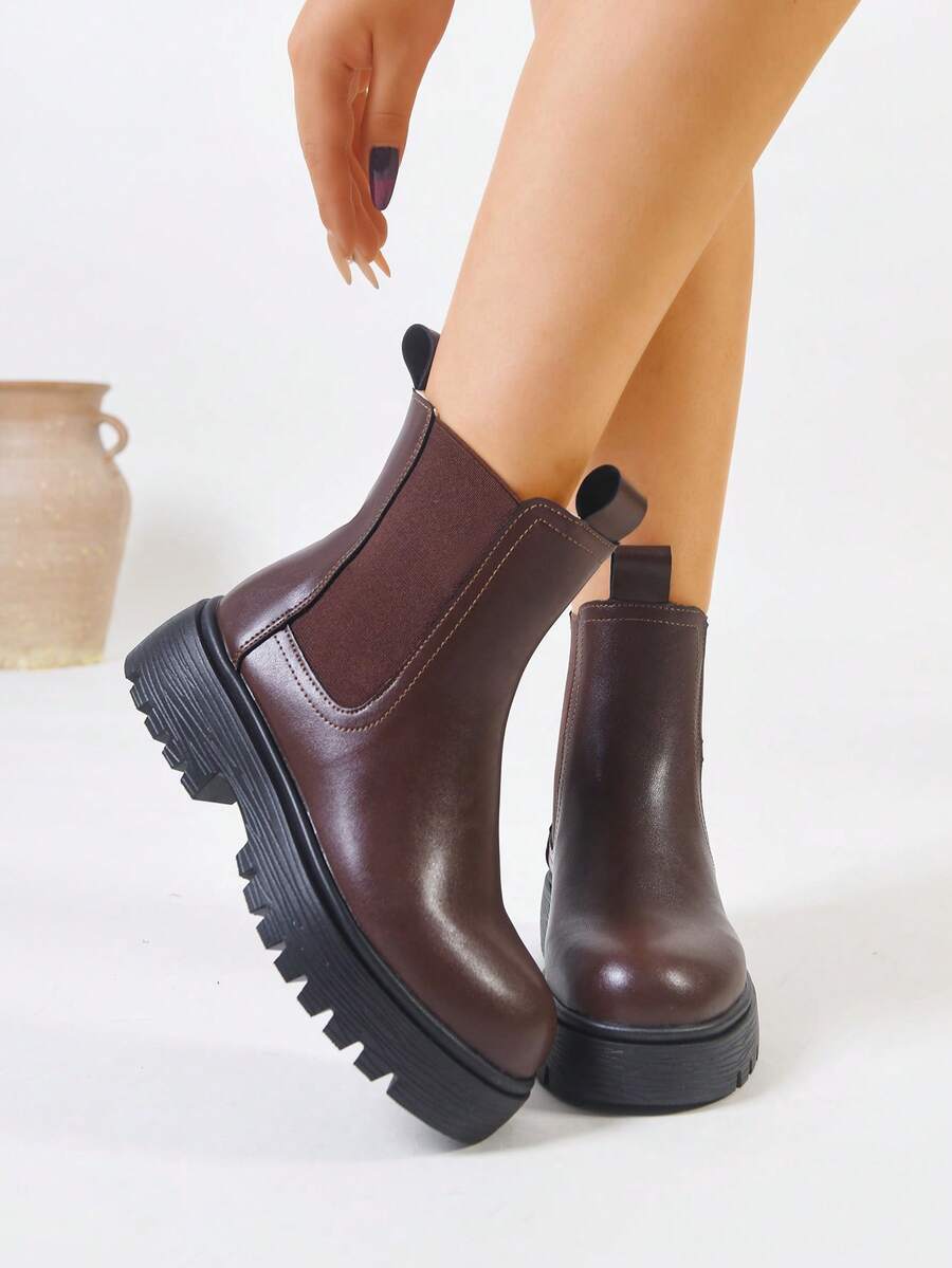 Women's Thick Sole Thermal Lined Boots, Fashionable & Versatile Black Patent Faux Leather Chelsea Ankle Boots, Black Utility Boots For Spring, Autumn & Winter. Suitable For Daily Wear, Parties, Weddings, Paired With Jeans, Dresses, Skirts, Leather, Sweate Mensa