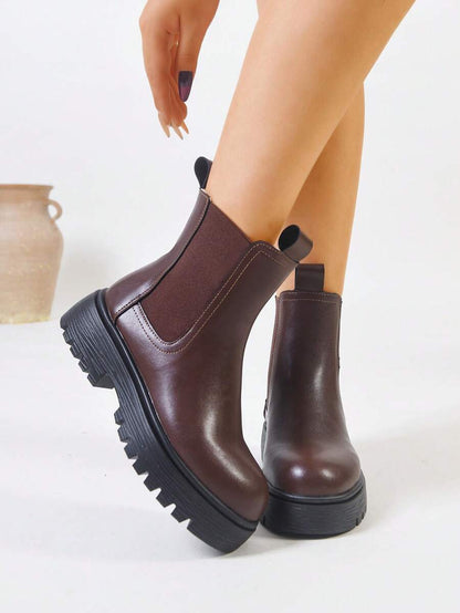 Women's Thick Sole Thermal Lined Boots, Fashionable & Versatile Black Patent Faux Leather Chelsea Ankle Boots, Black Utility Boots For Spring, Autumn & Winter. Suitable For Daily Wear, Parties, Weddings, Paired With Jeans, Dresses, Skirts, Leather, Sweate Mensa