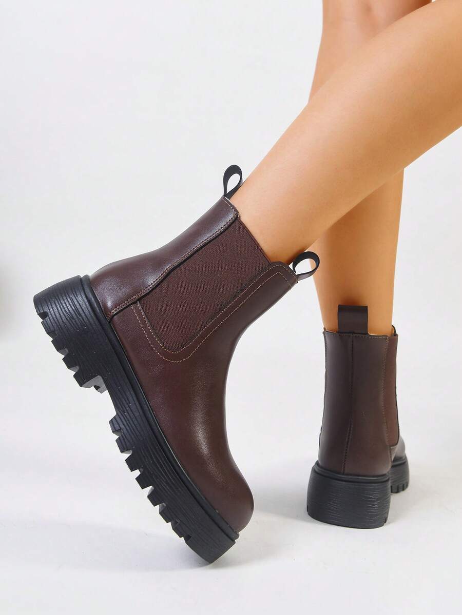 Women's Thick Sole Thermal Lined Boots, Fashionable & Versatile Black Patent Faux Leather Chelsea Ankle Boots, Black Utility Boots For Spring, Autumn & Winter. Suitable For Daily Wear, Parties, Weddings, Paired With Jeans, Dresses, Skirts, Leather, Sweate Mensa