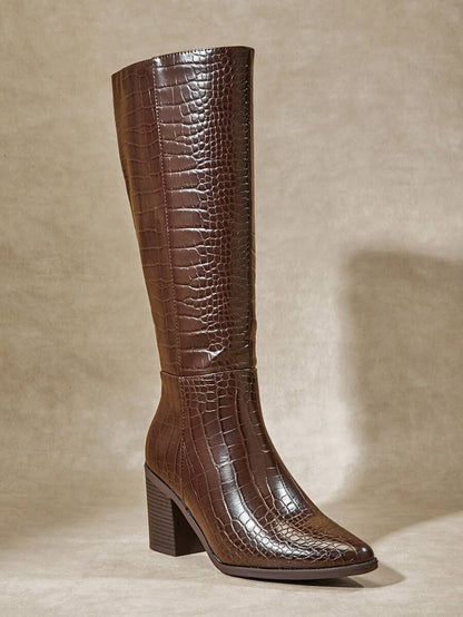SHUZIA Staple Women's 2.5" Block Heel Snip Toe Premium Oil-Finished PU Black Knee High Boots– Sleek, Comfortable & Timeless, Elevate Your Look Season After Season For Christmas Valentine's Day Mensa