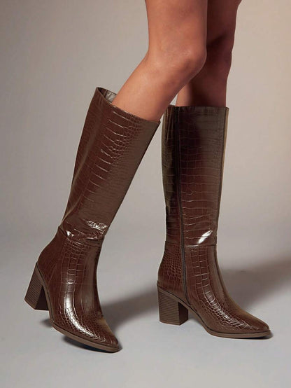 SHUZIA Staple Women's 2.5" Block Heel Snip Toe Premium Oil-Finished PU Black Knee High Boots– Sleek, Comfortable & Timeless, Elevate Your Look Season After Season For Christmas Valentine's Day Mensa