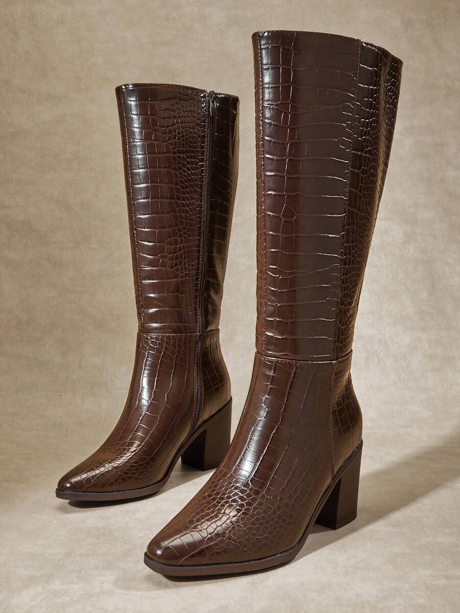 SHUZIA Staple Women's 2.5" Block Heel Snip Toe Premium Oil-Finished PU Black Knee High Boots– Sleek, Comfortable & Timeless, Elevate Your Look Season After Season For Christmas Valentine's Day Mensa