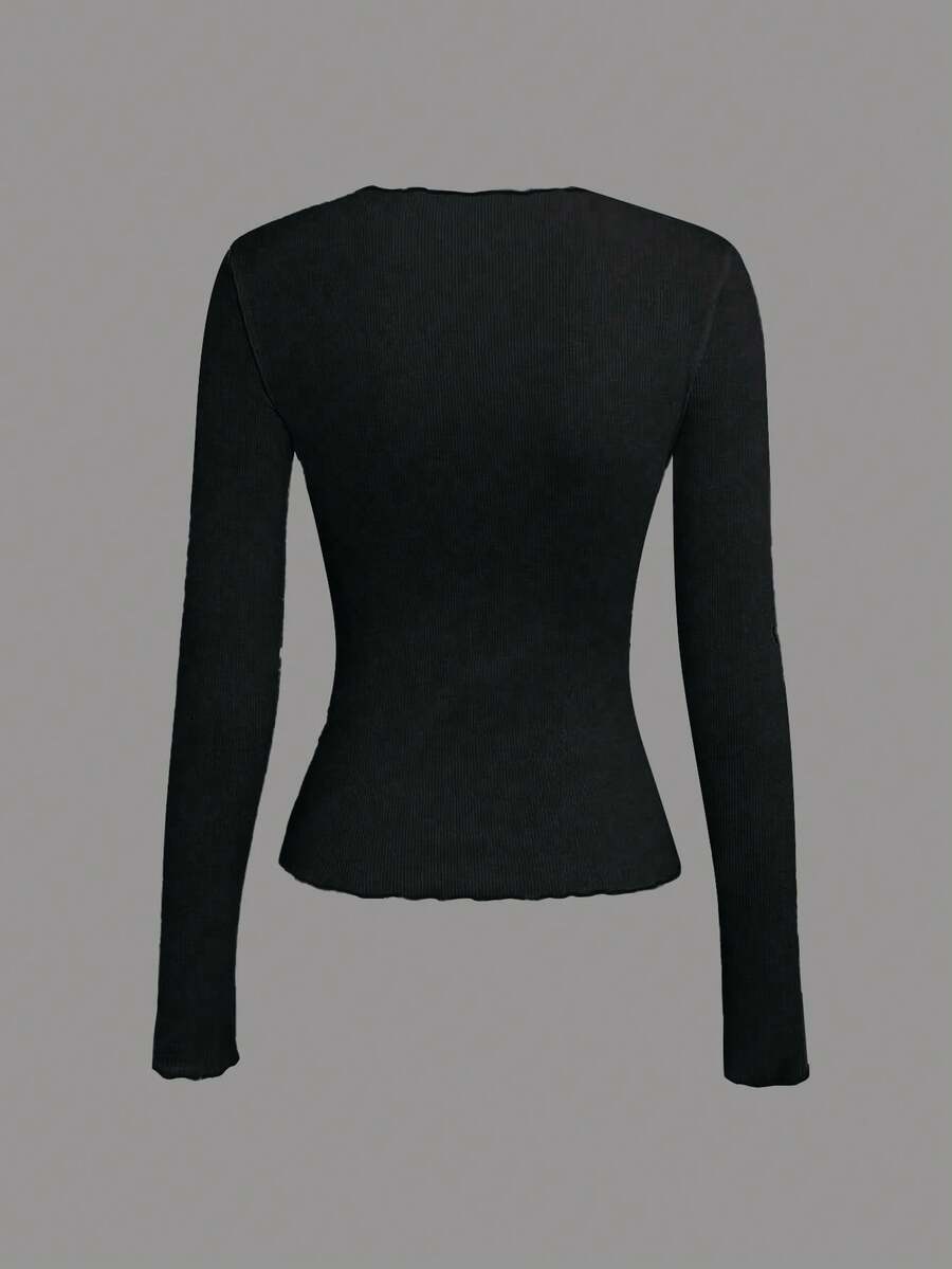Evelina Seam Detail Ribbed Slim Fit Long Sleeve Knit Top - Black