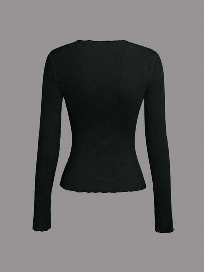 Evelina Seam Detail Ribbed Slim Fit Long Sleeve Knit Top - Black