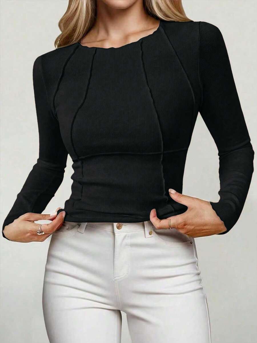 Evelina Seam Detail Ribbed Slim Fit Long Sleeve Knit Top - Black