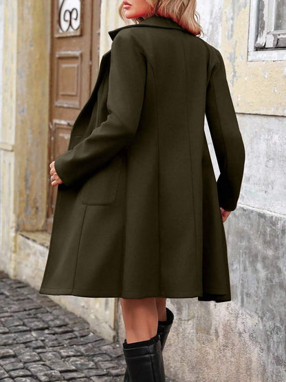 Fabienne Notched Lapel Double-Breasted Midi Coat with Pockets - Burgundy