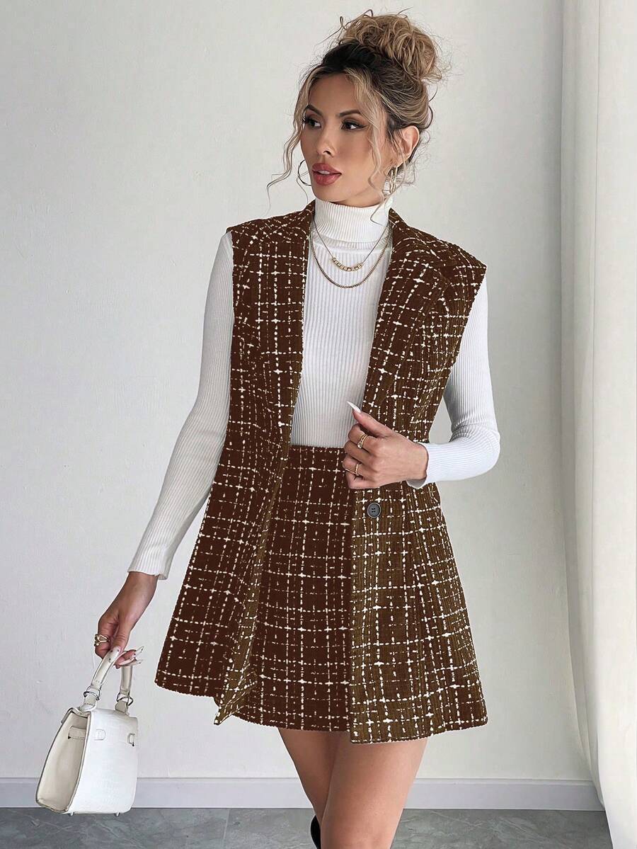 Sadie Two Piece Set Sleeveless Blazer Vest and Mini Skirt - Brown Plaid