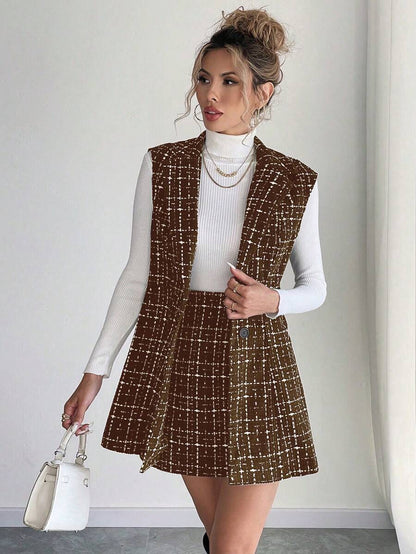 Sadie Two Piece Set Sleeveless Blazer Vest and Mini Skirt - Brown Plaid