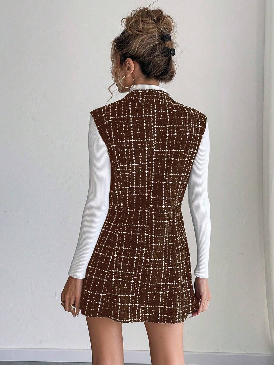 Sadie Two Piece Set Sleeveless Blazer Vest and Mini Skirt - Brown Plaid