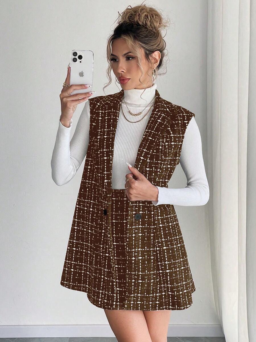 Sadie Two Piece Set Sleeveless Blazer Vest and Mini Skirt - Brown Plaid