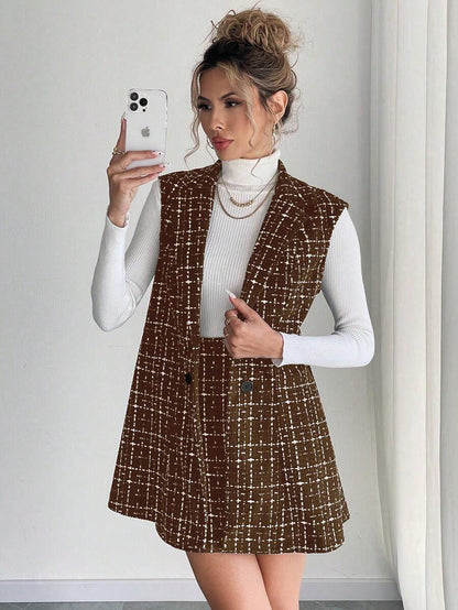 Sadie Two Piece Set Sleeveless Blazer Vest and Mini Skirt - Brown Plaid