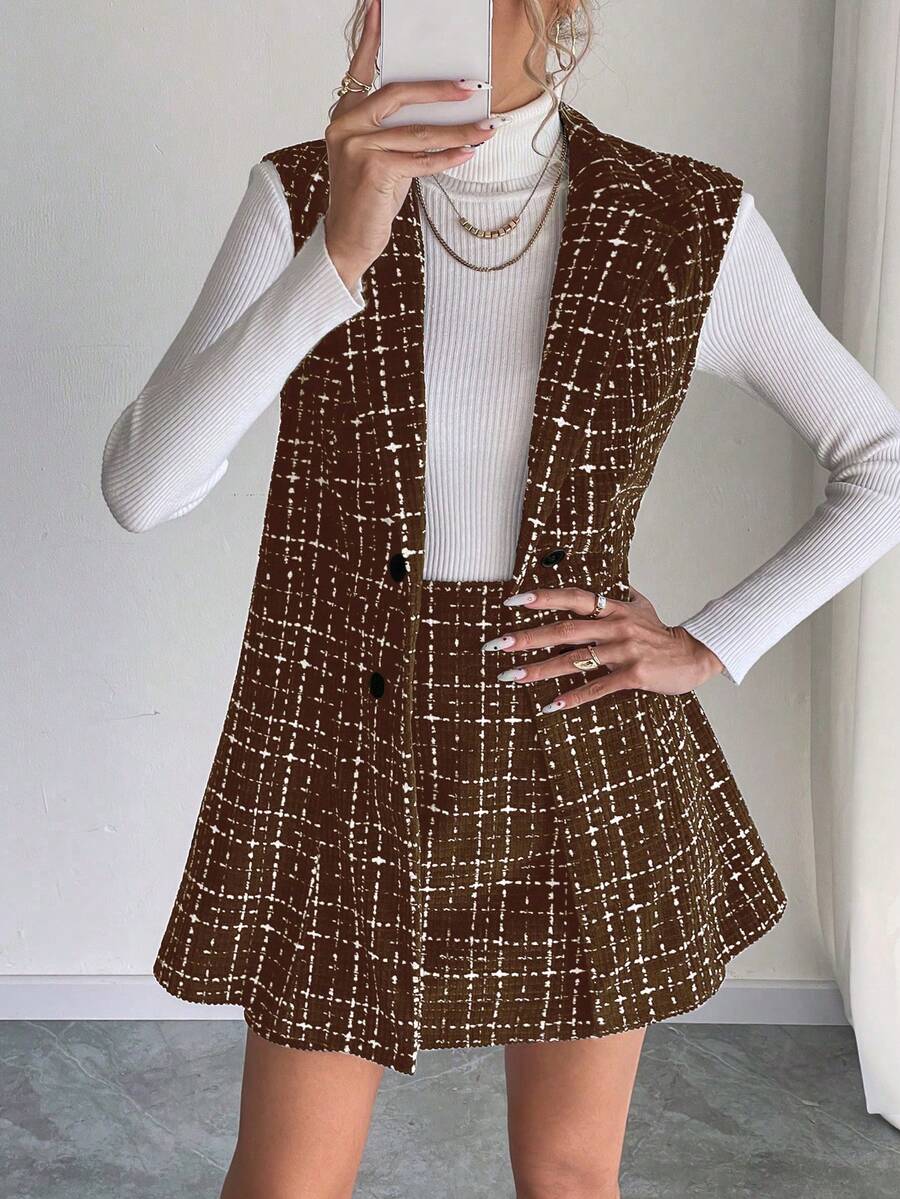 Sadie Two Piece Set Sleeveless Blazer Vest and Mini Skirt - Brown Plaid