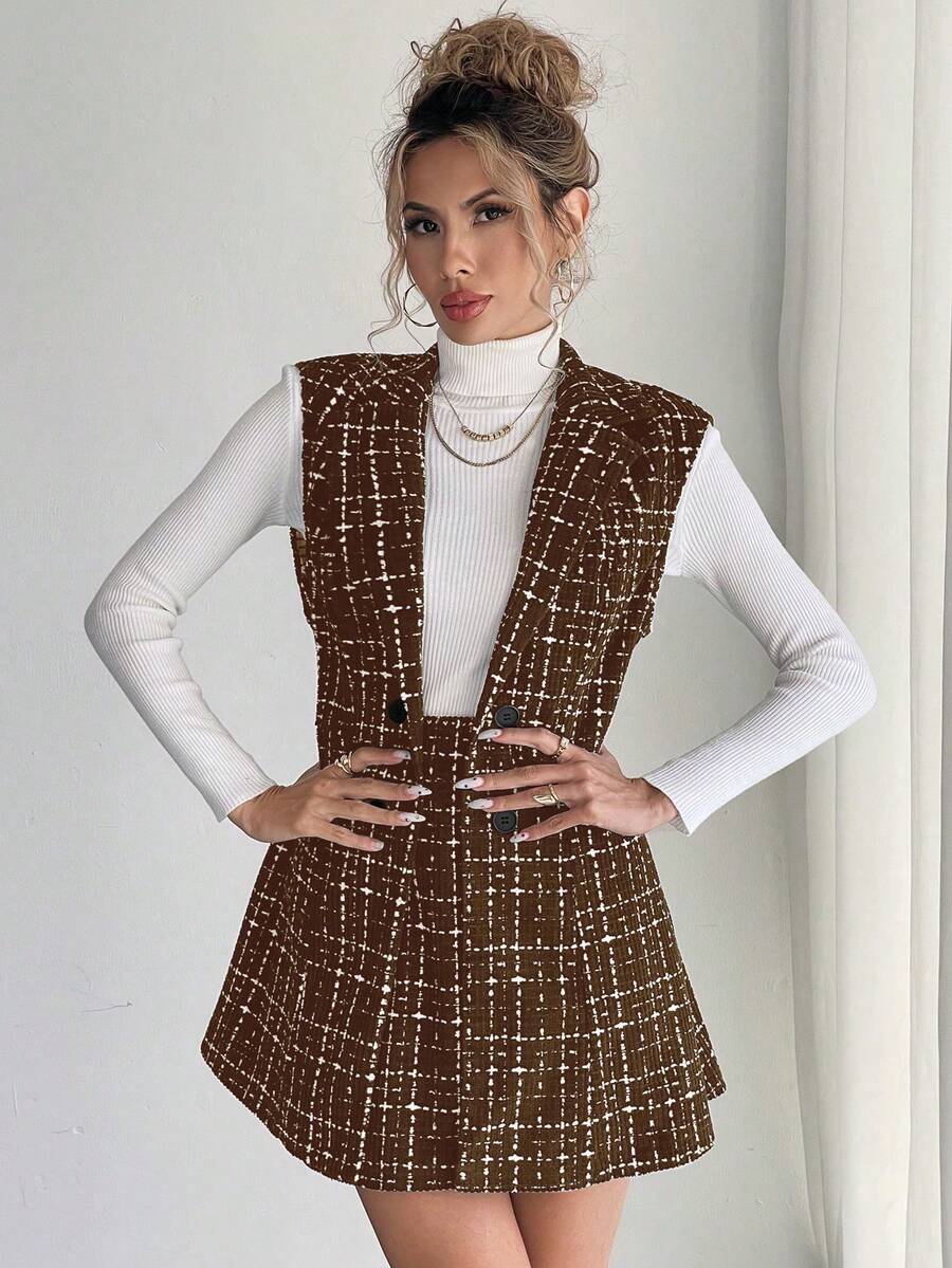 Sadie Two Piece Set Sleeveless Blazer Vest and Mini Skirt - Brown Plaid
