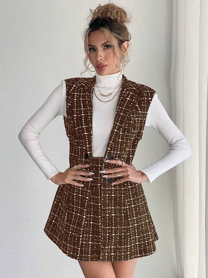 Sadie Two Piece Set Sleeveless Blazer Vest and Mini Skirt - Brown Plaid