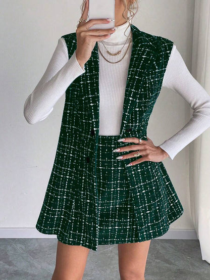 Sadie Two Piece Set Sleeveless Blazer Vest and Mini Skirt - Forest Green Plaid