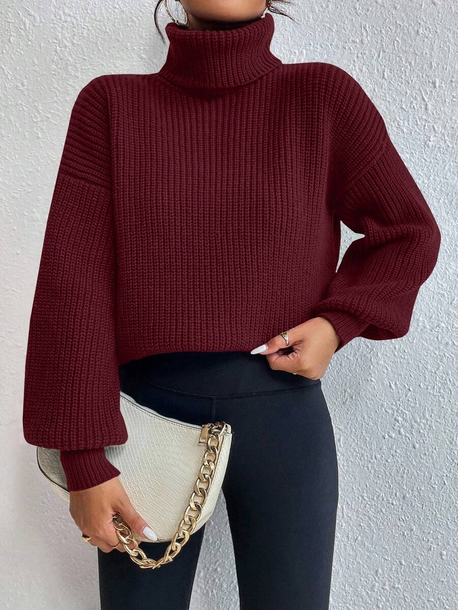 Wilhelmina Rib Knit Turtleneck Drop Shoulder Pullover Sweater - Rose Red