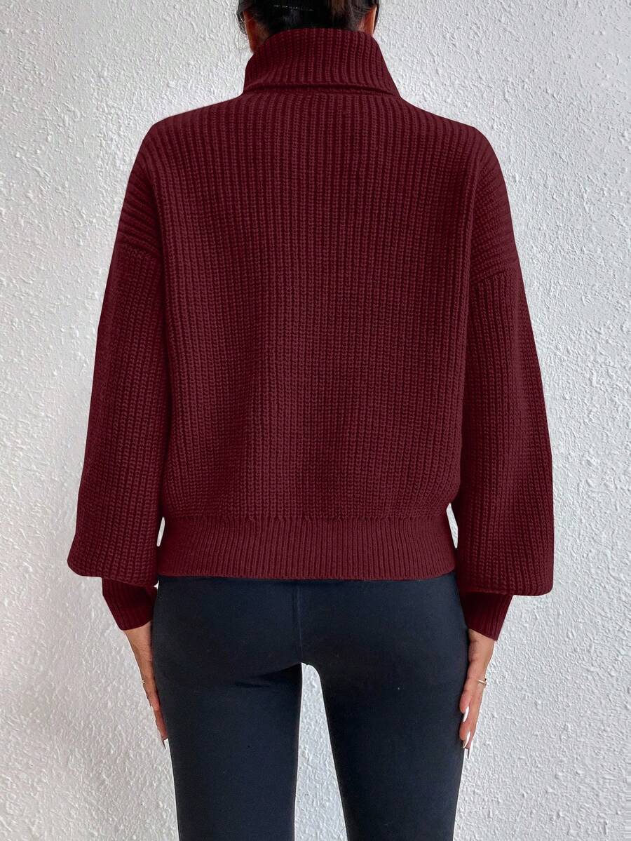 Wilhelmina Rib Knit Turtleneck Drop Shoulder Pullover Sweater - Navy Blue