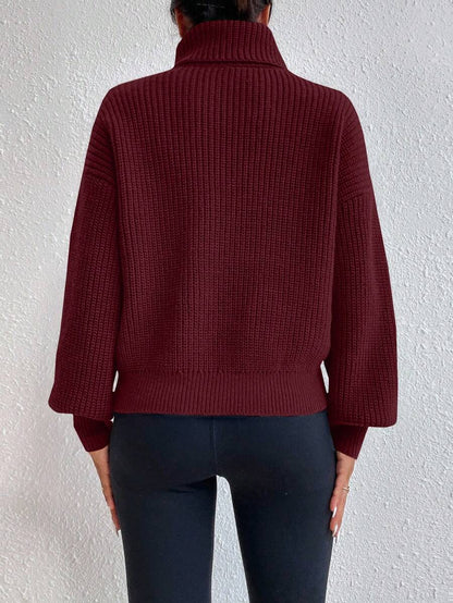 Wilhelmina Rib Knit Turtleneck Drop Shoulder Pullover Sweater - Navy Blue