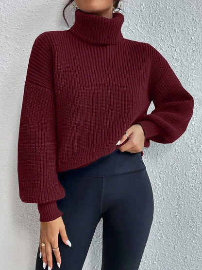 Wilhelmina Rib Knit Turtleneck Drop Shoulder Pullover Sweater - Bold Plum