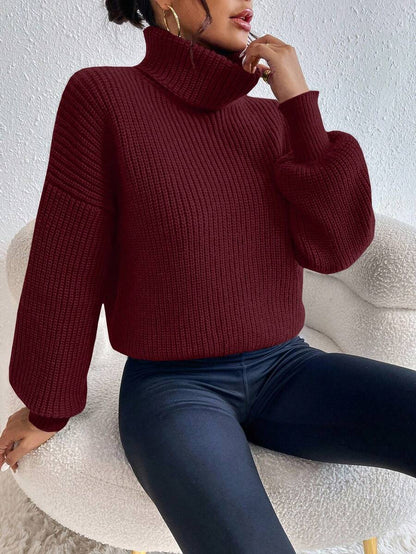 Wilhelmina Rib Knit Turtleneck Drop Shoulder Pullover Sweater - Black